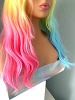 "Trixie" - Long Wavy Neon Rainbow Synthetic Wig with Bangs