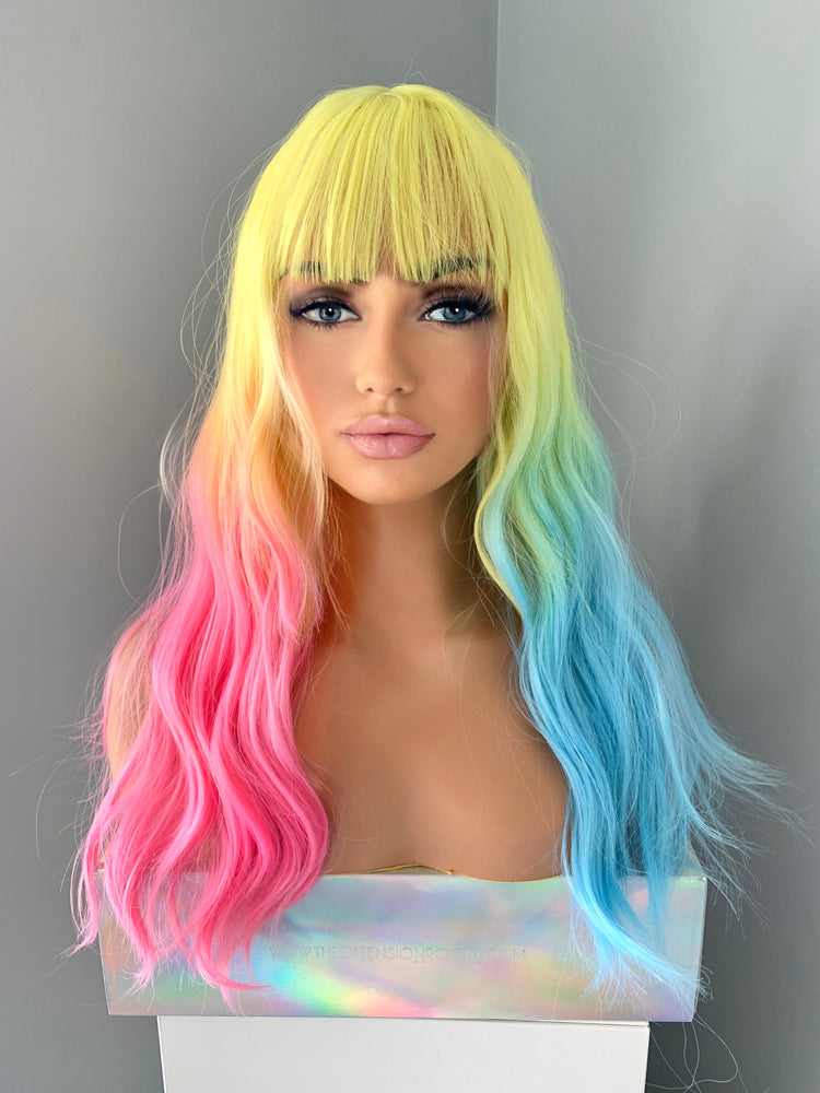 "Trixie" - Long Wavy Neon Rainbow Synthetic Wig with Bangs