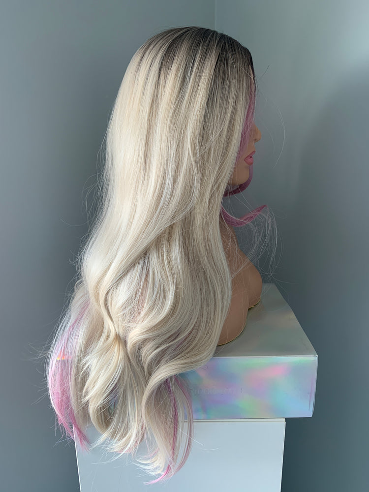 "Emily" - Long Blonde Synthetic Wig with Pink Money Piece Highlights