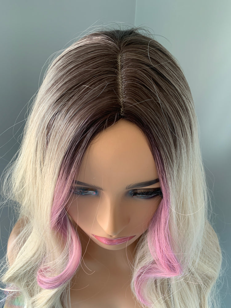 "Emily" - Long Blonde Synthetic Wig with Pink Money Piece Highlights