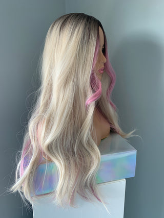 "Emily" - Long Blonde Wig with Pink Money Piece Highlights