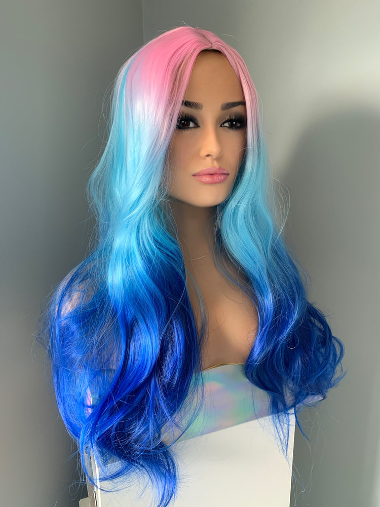 "Miami" - Long Wavy Pink Blue Ombre Rainbow Synthetic Wig