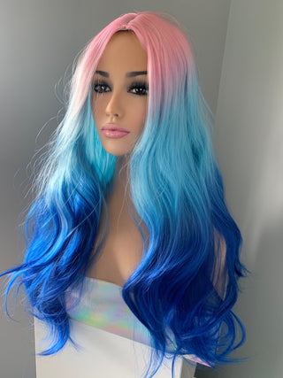 "Miami" - Long Wavy Pink Blue Ombre Rainbow Wig