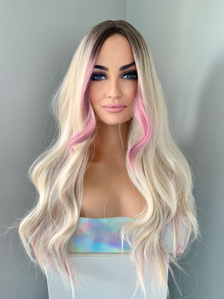 "Emily" - Long Blonde Wig with Pink Money Piece Highlights