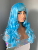 "Aqua" - Blue Body Wave Synthetic Wig with Bangs
