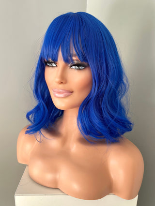 "Indy" - Neon Blue Body Wave Wig with Bangs