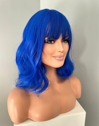 "Indy" - Neon Blue Body Wave Wig with Bangs