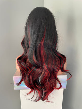 "Maria" - Long Black Wig with Red Highlights