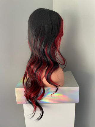 "Maria" - Long Black Wig with Red Highlights
