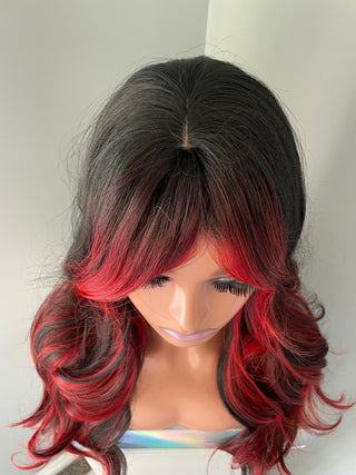 "Maria" - Long Black Wig with Red Highlights