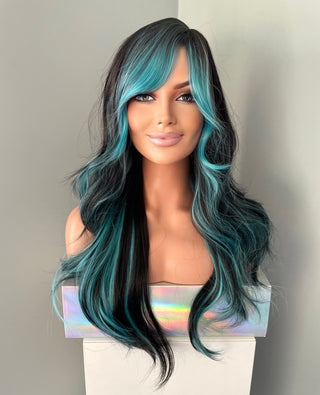 "Millie" - Long Black Wig with Teal Highlights