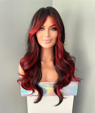 "Maria" - Long Black Wig with Red Highlights