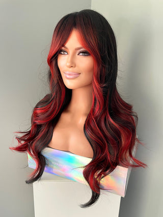 "Maria" - Long Black Wig with Red Highlights