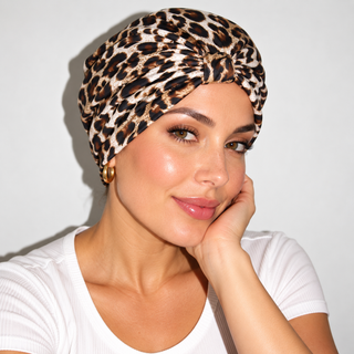 Hair Loss Headwrap Cotton Cap with Satin Liner, Leopard