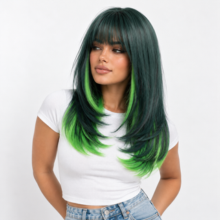 "Hattie" - Green Wig with Neon Green Highlights