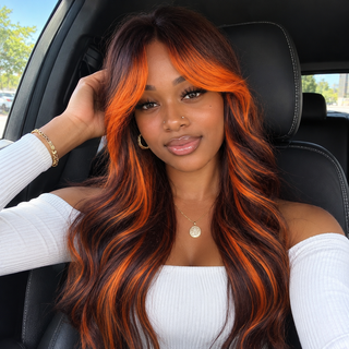 "Maisie" - Long Black Wig with Orange Highlights