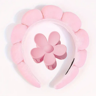 Spa Headband and Flower Hair Clip Set - Pink