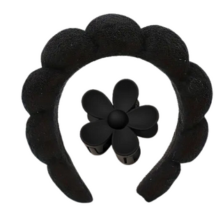 Spa Headband and Flower Hair Clip Set - Black