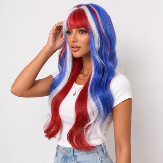 "Americana" - Long Red White Blue Wig with Bangs