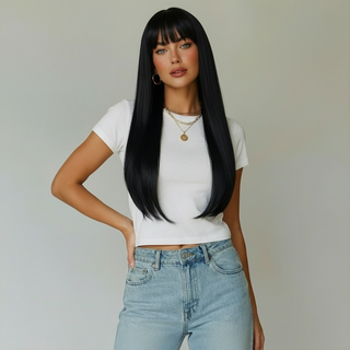 "Gabriella" - Long Black Silky Straight Wig with Bangs