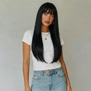 "Gabriella" - Long Black Silky Straight Wig with Bangs