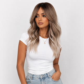 "Harlow" - Rooted Ash Light Brown Wig with Bangs
