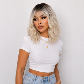 "Lilah" - Short White Blonde Body Wave Wig with Bangs