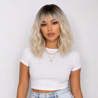"Lilah" - Short White Blonde Body Wave Wig with Bangs