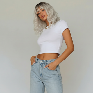 "Lilah" - Short White Blonde Body Wave Wig with Bangs