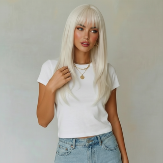 "Amber" - Platinum Blonde Wig with Bangs