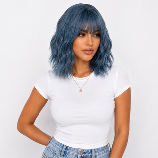 "Aurora" - Short Dusk Blue Body Wave Wig with Bangs