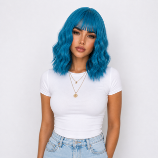 "Aqua" - Short Blue Wig with Bangs