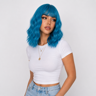 "Aqua" - Short Blue Wig with Bangs