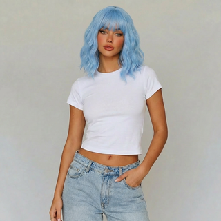 "Faye" - Short Pastel Blue Body Wave Wig with Bangs