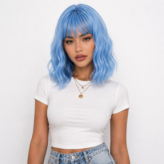 "Faye" - Short Pastel Blue Body Wave Wig with Bangs