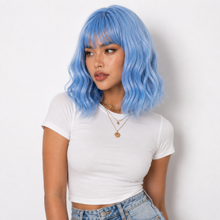 "Faye" - Short Pastel Blue Body Wave Wig with Bangs