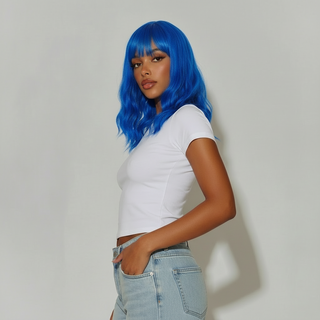 "Indy" - Neon Blue Body Wave Wig with Bangs