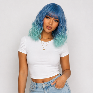 "Isla" - Short Ombre Blue Body Wave Wig with Bangs