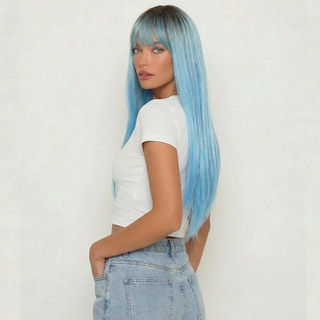 "Jade" - Long Blue Wig with Bangs and Dark Root