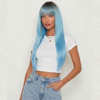 "Jade" - Long Blue Wig with Bangs and Dark Root