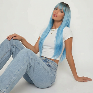 "Jade" - Long Blue Wig with Bangs and Dark Root