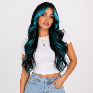 "Millie" - Long Black Wig with Teal Highlights