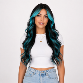 "Millie" - Long Black Wig with Teal Highlights