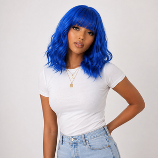 "Indy" - Neon Blue Body Wave Wig with Bangs