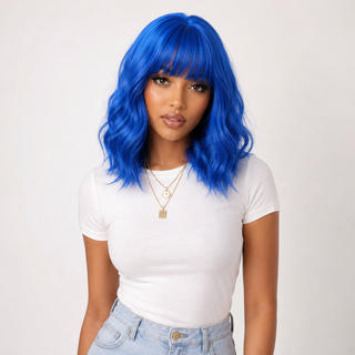 "Indy" - Neon Blue Body Wave Wig with Bangs