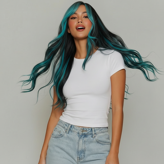 "Millie" - Long Black Wig with Teal Highlights