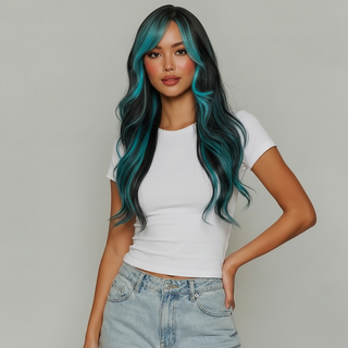 "Millie" - Long Black Wig with Teal Highlights