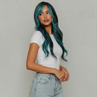 "Millie" - Long Black Wig with Teal Highlights