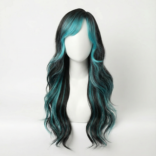 "Millie" - Long Black Wig with Teal Highlights