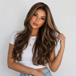 "Devon" - Long Brown Curled Wig With Highlights